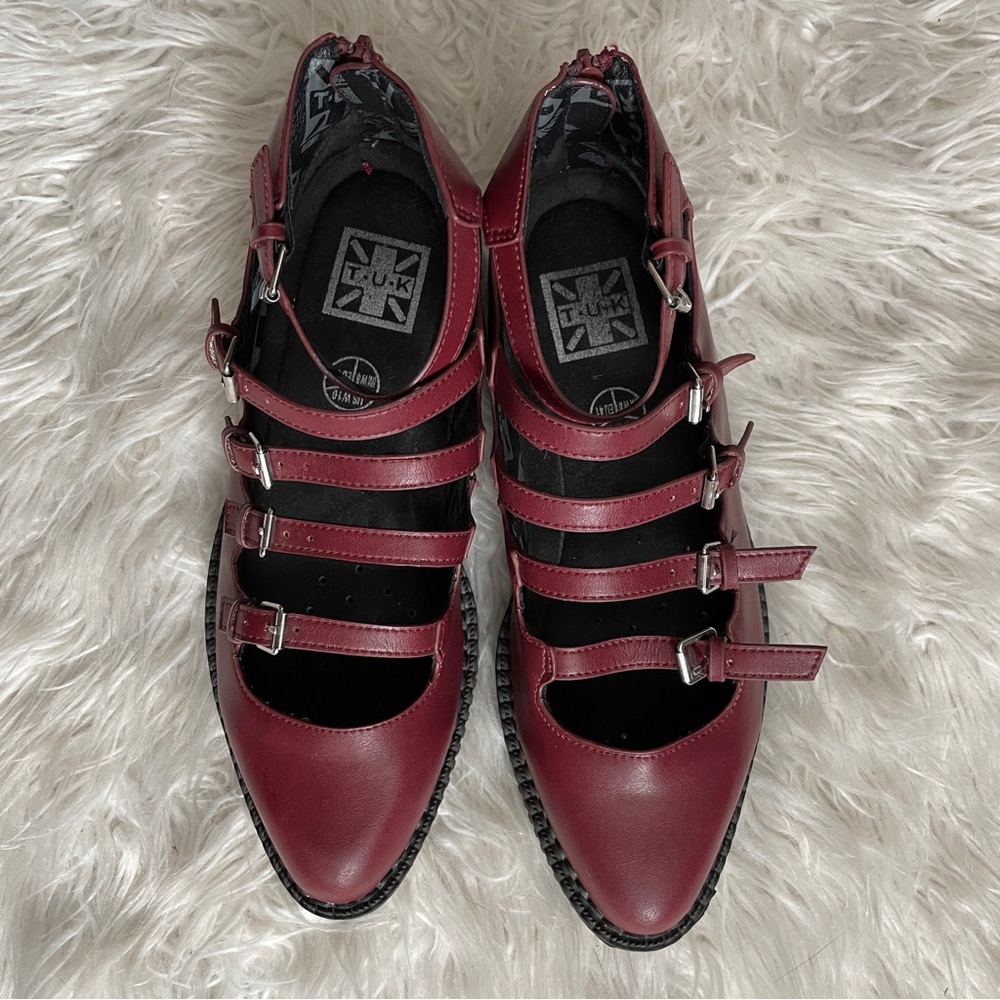 TUK Burgundy Multi-Strap Pointed Toe Creeper Mary Janes Platform Shoes